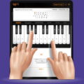 A person using a piano learning app on a tablet, with a virtual piano keyboard and sheet music on the screen