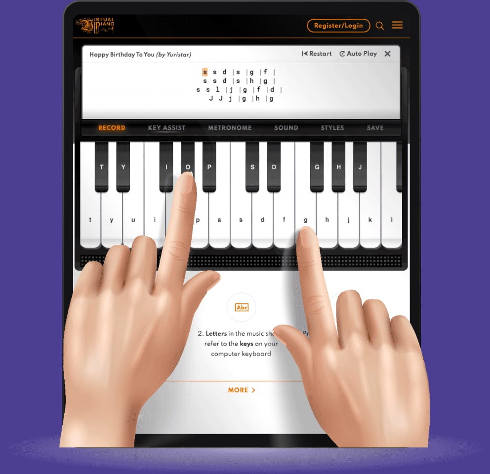 A person using a piano learning app on a tablet, with a virtual piano keyboard and sheet music on the screen